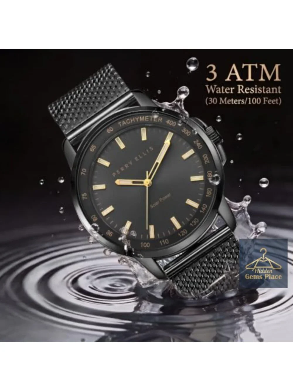 Men's Solar Powered Analog Watch, Steel Mesh Band, Water Resistant, 43mm,